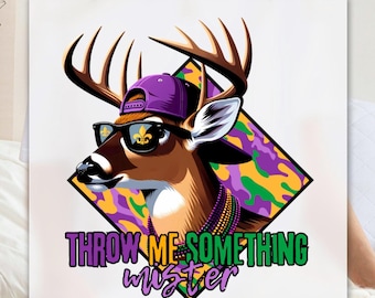 Mardi Gras Deer DTF Heat Transfer, Mardi Gras Hunting Print, Full Color DTF Print, Throw Me Something Mister Print, Fleur De Lis DTF