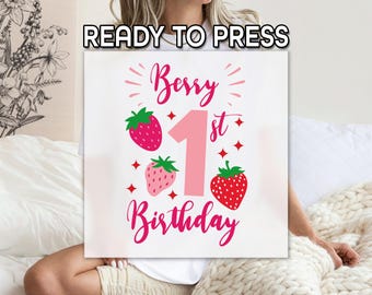 Transferencia DTF de cumpleaños de fresa personalizada, impresión editable, diseño de camiseta para primera fiesta, impresión personalizada para camiseta de fiesta de niña
