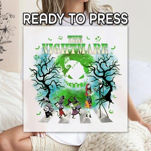 May include: A white square featuring a colorful illustration from "The Nightmare Before Christmas." The image includes the text "READY TO PRESS" at the top. The design depicts characters crossing a street with a green and blue background.