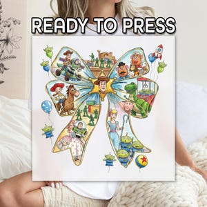 May include: A square print featuring a watercolor illustration of a bow filled with Toy Story characters. The bow is decorated with characters like Woody, Buzz Lightyear, and the Little Green Men. The text "READY TO PRESS" is at the top.