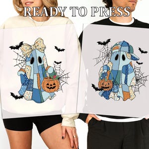 May include: Two sweatshirts with Halloween ghost designs. One ghost wears a bow, the other a cap. Both ghosts are patchwork style, holding jack-o'-lanterns, with bats and spiderwebs. The text "READY TO PRESS" is at the top.