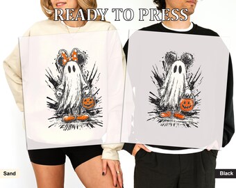 Vintage Spooky Ghost DTF Transfer With Mouse Ears And Pumpkin Bucket, Retro Fall Halloween Design, Gift For Her, Holiday Shirt Print