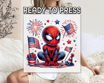 4th of July Spider Design for Boys DTF Heat Transfer, Ready to Apply, Superhero Red White Blue Heat Press Graphic, Independence Day DTF