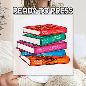 May include: A stack of six colorful paperback books with the title "A Court of Thorns and Roses" series by Sarah J. Maas. The books are stacked on a white background with the text "READY TO PRESS" above the books.