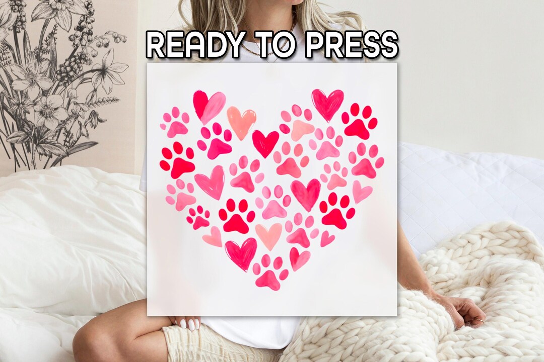 Watercolor Paw Print Heart DTF Transfer, Ready to Press, Dog and Cat ...