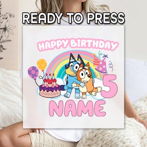 Custom Name Happy Birthday DTF, Personalized Bluey Heeler and Bingo Heeler DTF, Cute Cartoon Characters Printing, Ready to Apply