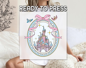 Girly Pink Disney Castle DTF Transfer, Pastel Fairytale Castle DTF, Pink Ribbon Frame And Birds Print, Girly Disney Print, Ready to Press