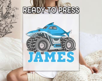 Custom Monster Truck DTF Transfer, Custom Name Shark Truck Design, Blue Kids Vehicle Print, Monster Truck Printing, Shirt Heat Transfer