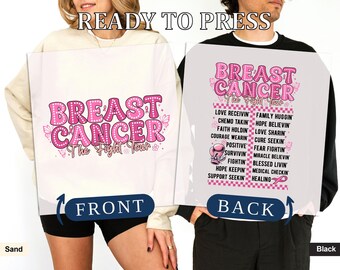 May include: White sweatshirt with the text "BREAST CANCER The Fight Tour" in pink bubble letters. The back of the shirt has a list of inspirational words and a pink boxing glove. The words "READY TO PRESS" are at the top.