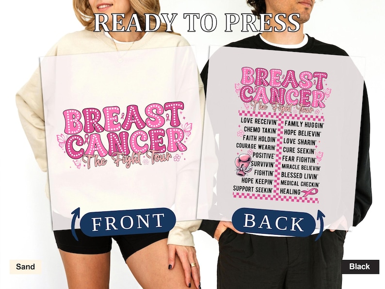 Pu&ograve; includere: Felpa bianca con la scritta "BREAST CANCER The Fight Tour" in lettere rosa a bolle. Il retro della maglietta presenta un elenco di parole ispiratrici e un guantone da boxe rosa. Le parole "READY TO PRESS" sono in alto.