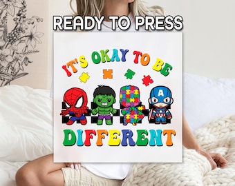 Está bien ser diferente. Transferencia de calor DTF, niños con autismo, impresión de superhéroes autistas, impresión de piezas de rompecabezas de superhéroes, DTF estilo cómic.