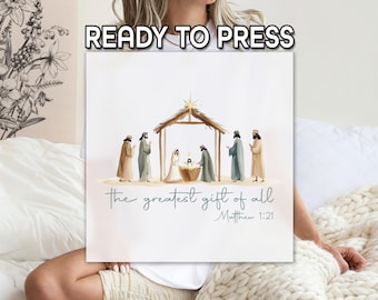 Jesus Christmas DTF Transfer, Nativity Scene With Baby Jesus DTF, The Greatest Gift Of All DTF, Matthew 1:21 Print, Christian Religious Dtf
