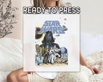May include: A white square canvas featuring a Star Wars graphic with Darth Vader, Luke Skywalker, and other characters. The text "READY TO PRESS" is at the top. The artwork is in a vintage comic book style.