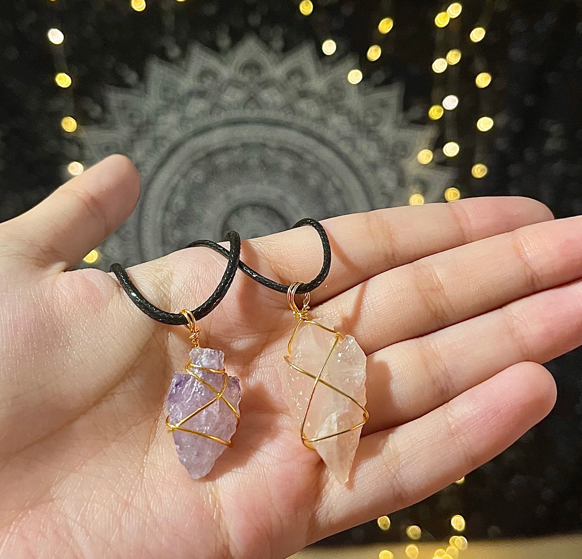 wire wrapped crystal necklace: amethyst and rose quartz, black cord