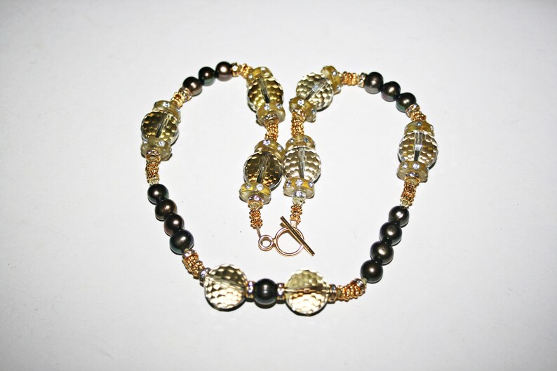Vintage Faceted Citrine Glass and Freshwater Pearl Beaded Necklace