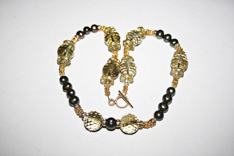 Vintage Faceted Citrine Glass and Freshwater Pearl Beaded Necklace