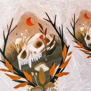 May include: A digital illustration of a white animal skull with sharp teeth, surrounded by brown branches, red and white flowers, and white mushrooms. The background is a gradient of brown and gray with a red crescent moon.