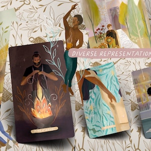 May include: A collection of tarot cards with diverse illustrations, featuring figures in various settings. The cards have a dark color scheme with gold accents and the text "DIVERSE REPRESENTATION". The background is a floral pattern with keys.