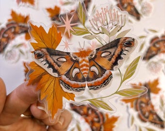 Cecropia Moth & Autumn Leaves | 3” vinyl clear sticker | magical art