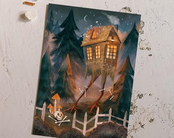 Baba Yaga's Cabin, Multiple Sizes, Gliclee print | Witchy Decor | Folklore | Creepy Art