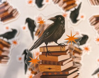 Harbinger & Books | 3” vinyl clear sticker | bookish sticker | crow art