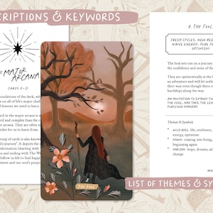 May include: A tarot card illustration featuring a woman with long red hair and a black dress, holding a staff, set against a backdrop of trees and a sunset. The card is labeled "The Fool" with text describing its themes.