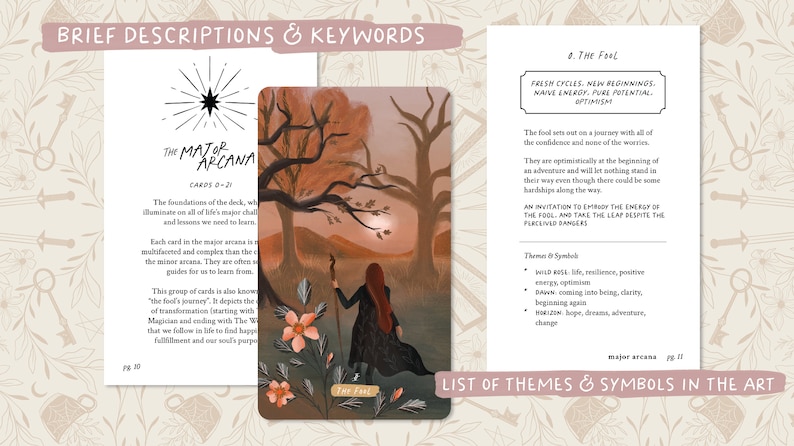 May include: A tarot card illustration featuring a woman with long red hair and a black dress, holding a staff, set against a backdrop of trees and a sunset. The card is labeled "The Fool" with text describing its themes.