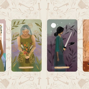 May include: Four tarot cards featuring illustrations of women. The cards are labeled "Queen of Cups", "Queen of Pentacles", "Queen of Swords", and "Queen of Wands". Each card has a unique color scheme and imagery, including flowers, swords, and candles.