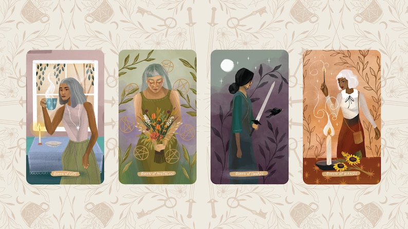 May include: Four tarot cards featuring illustrations of women. The cards are labeled "Queen of Cups", "Queen of Pentacles", "Queen of Swords", and "Queen of Wands". Each card has a unique color scheme and imagery, including flowers, swords, and candles.