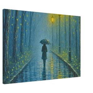Rainy Walk Canvas Wall Art | Moody Night Street Painting | Umbrella Silhouette | Romantic Rain Artwork | Yellow Glow Urban Nature Scene