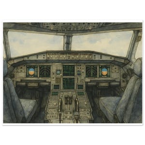 Airbus A320 Cockpit Watercolor Sketch | Fine Aviation Art | Pilot Gift | Unique Aviation Gifts | A320 Flight Deck Print | Airline Gifts