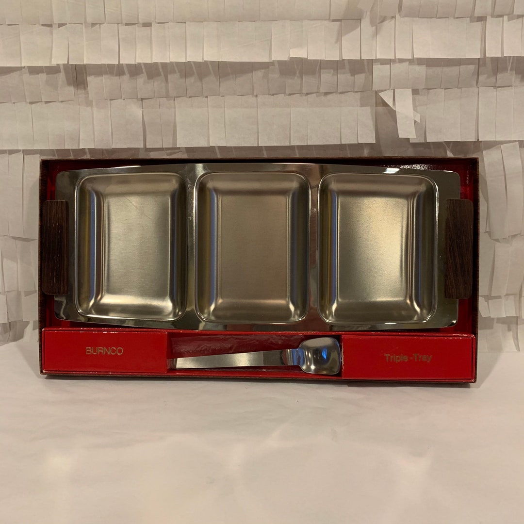 Vintage Triple Tray Serving Piece With Spoon Stainless Steel With