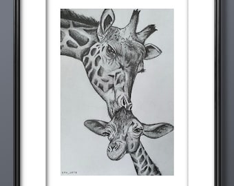 Mama & baby giraffe ~ Graphite pencil sketch