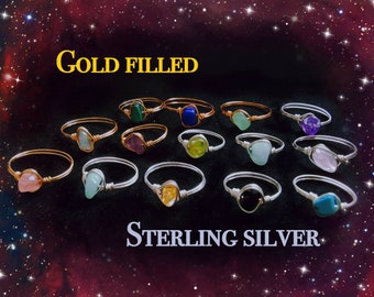 Anello di perline in pietra preziosa in oro /argento sterling 14k, anello in pietra semi-preziosa, anello di pietra preziosa, anello di filo, anello di cristallo grezzo, anello di dichiarazione