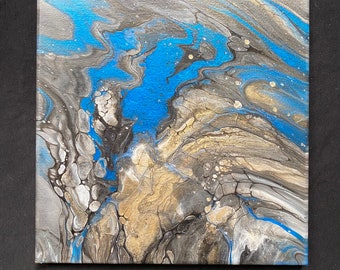 Metallic Canvas Art. Fluid Art Blue Gold Wall Decor. Acrylic Paint Pour on Canvas. Man Cave Art. Bedroom Wall Hangings. Decorative Shelf Art