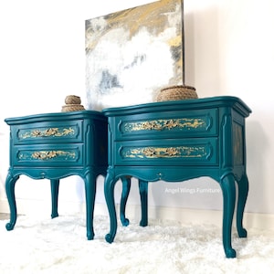 French Provincial Side Tables. French Country Nightstand Pair. Teal Gold Victorian Furniture. Painted End Tables. Low Bedside Tables