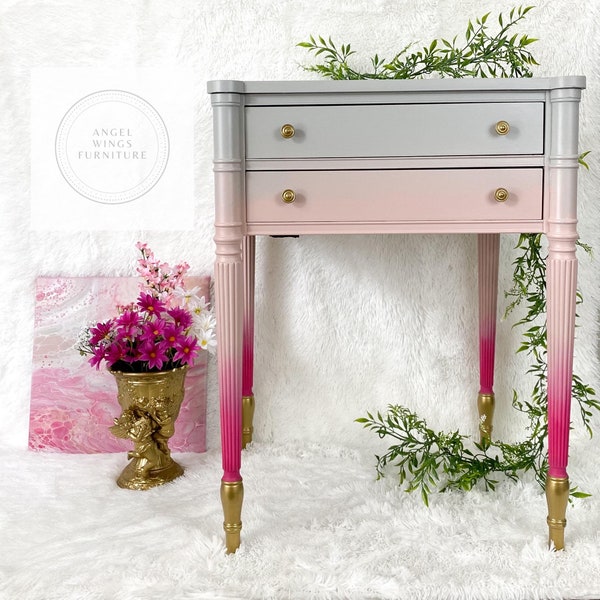 Federal Style Table. Boho Bedside Table Nightstand. Pink Gray Side Table. Girls Bedroom Furniture. Nursery Furniture. Eclectic End Table