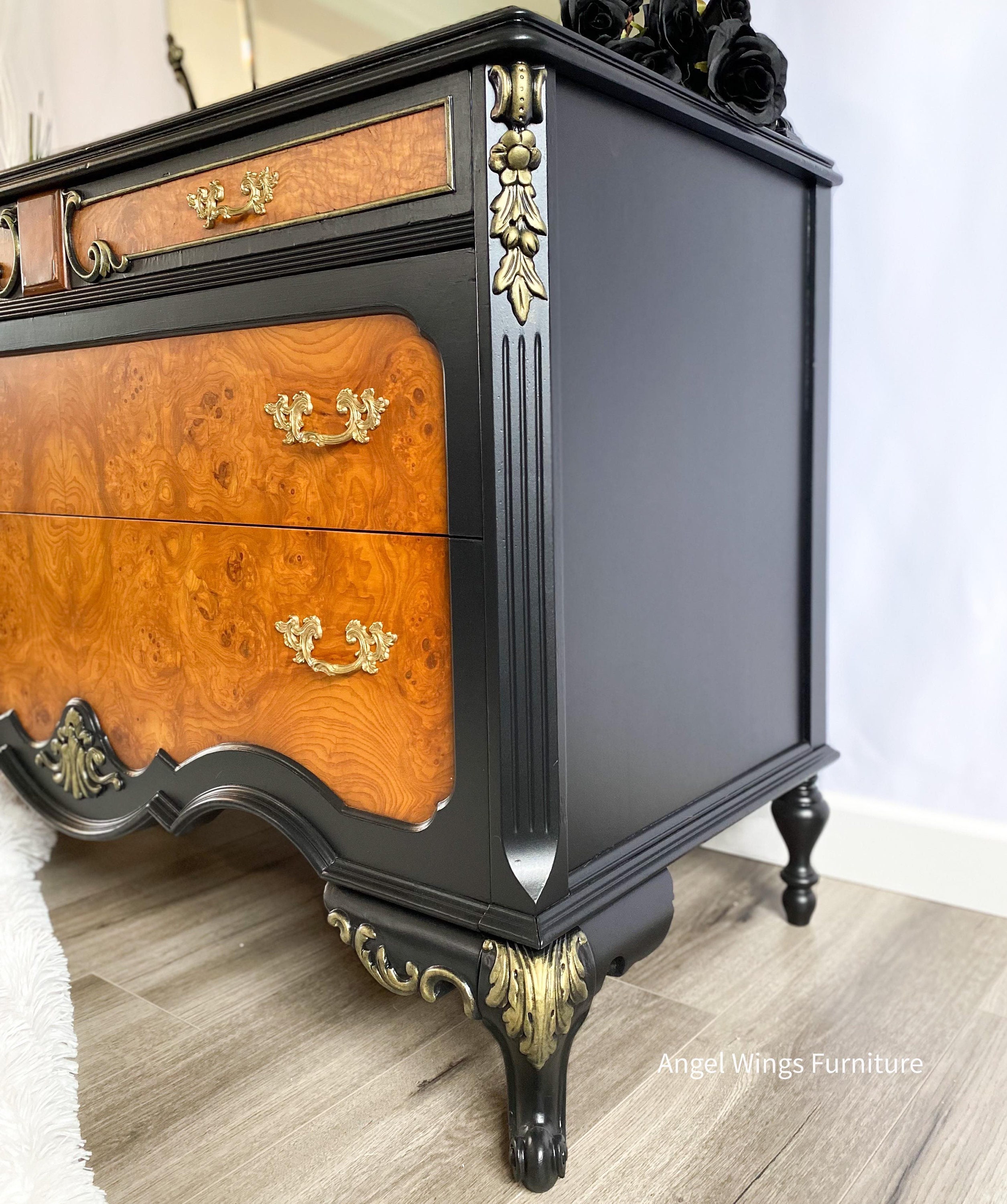 Antique burl 2024 wood dresser