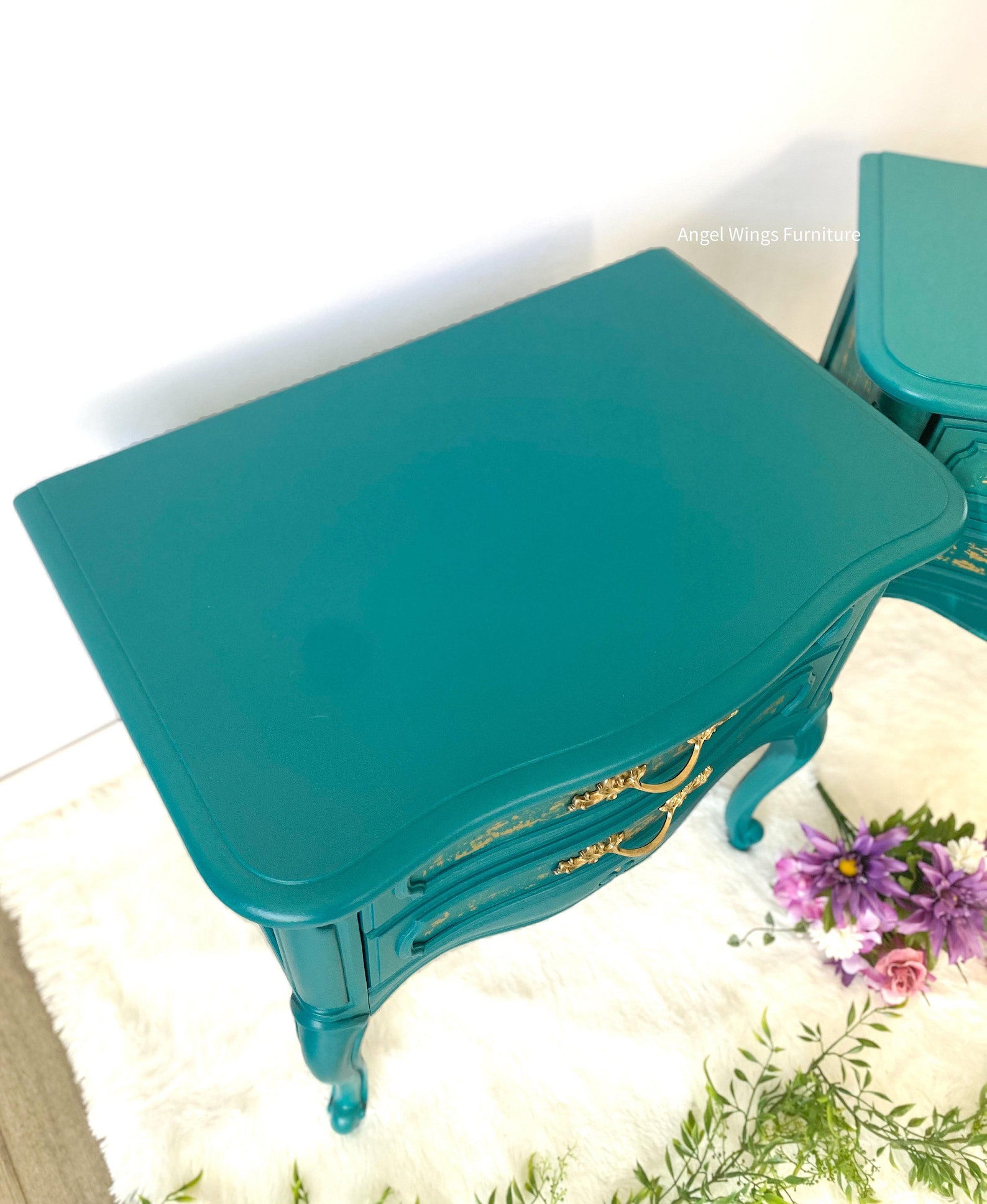 French Provincial Side Tables. French Country Nightstand Pair. Teal