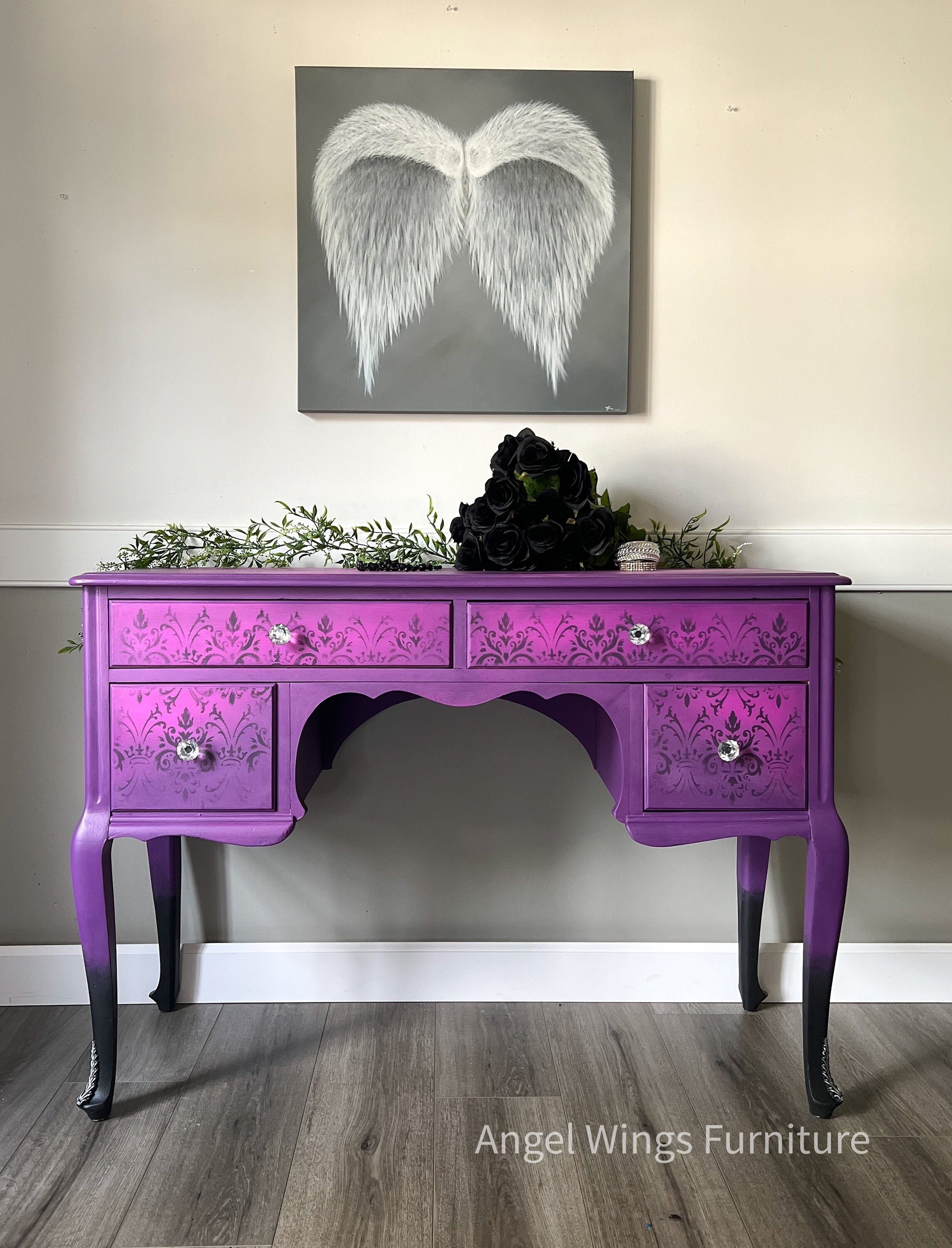 Purple Boho Writing Desk for Her. Gothic Chic Vanity for Girl s Bedroom. Eclectic Home Office Furniture. Colorful Escritoire with Storage