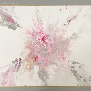May include: Abstract painting with pink, gray, and white colors. The colors swirl and blend together to create a unique and beautiful design.