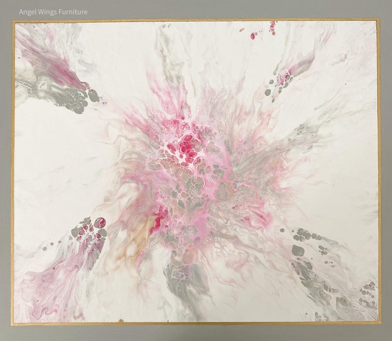 May include: Abstract painting with pink, gray, and white colors. The colors swirl and blend together to create a unique and beautiful design.