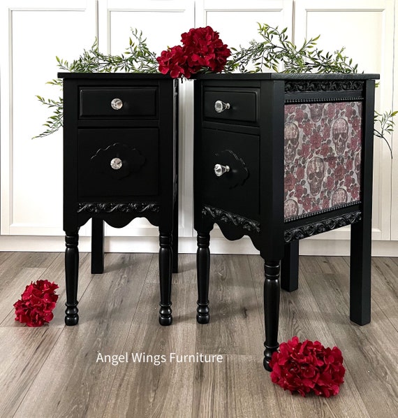 Vintage Nightstands Pair. Bedside Tables Painted Black. Gothic