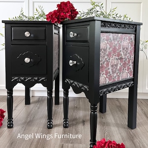 Vintage Nightstands Pair. Bedside Tables Painted Black. Gothic Teen Bedroom Furniture. Goth Chic Skull Floral Art Tables. Side End Tables