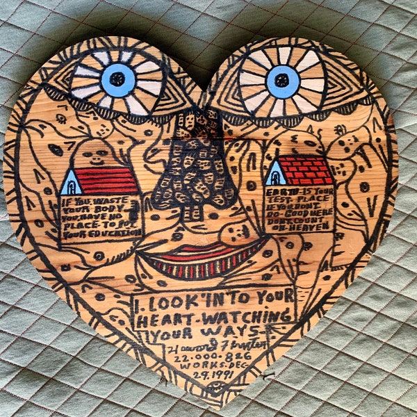 Original Howard Finster Wood Folk Art - Signed Painting Cutout Heart 1991 Original Vintage Folk Art Georgia Reverend
