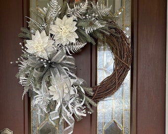Silver and White Christmas Wreath for Front Door, Elegant Poinsettia Wreath, Glam Holiday Decor, Artificial Winter Wreath with Bow