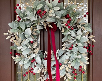 Christmas Lamb’s Ear Wreath for Front Door, Elegant Winter Wreath, Red Holiday Decor, Burgundy Wreath, Large Red and Champagne Gold Wreath