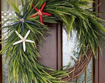 Patriotic Beach Wreath for Front Door, Red, July 4th Starfish Wreath, Coastal Decor, Cascading Greenery Wreath, USA Sawgrass Wreath