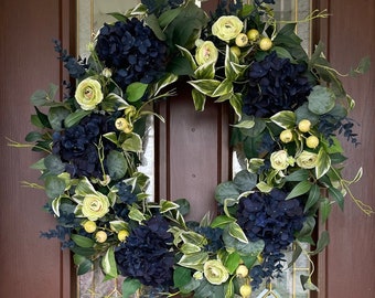Large Blue Wreath for Front Door, Everyday Hydrangea Wreath, Elegant Navy Blue Wreath, Ranunculus Wreath, Modern Farmhouse Decor
