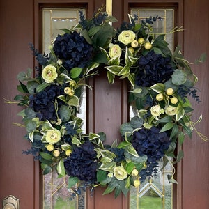 Large Blue Wreath for Front Door, Everyday Hydrangea Wreath, Elegant Navy Blue Wreath, Ranunculus Wreath, Modern Farmhouse Decor